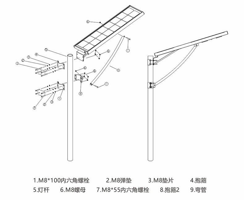 东莞草莓视频色板照明抱箍式一体化LED太阳能路灯安装示意图